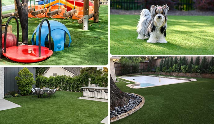 Collage showing artificial turf used in various settings such as playgrounds, pet-friendly areas, backyard patios and poolside
