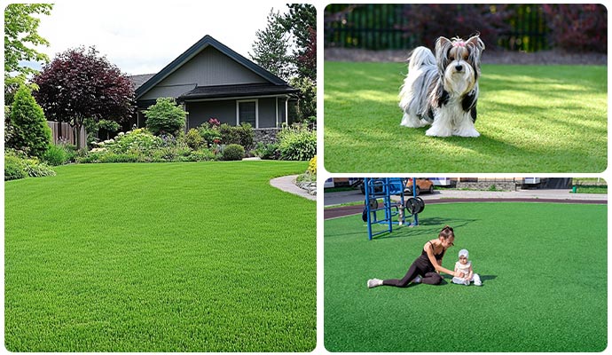 Artificial grass turf used in different settings including residential lawns, pet areas and playgrounds
