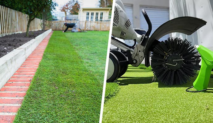 Collage displaying expert artificial turf installation and professional maintenance services for long-lasting lawns