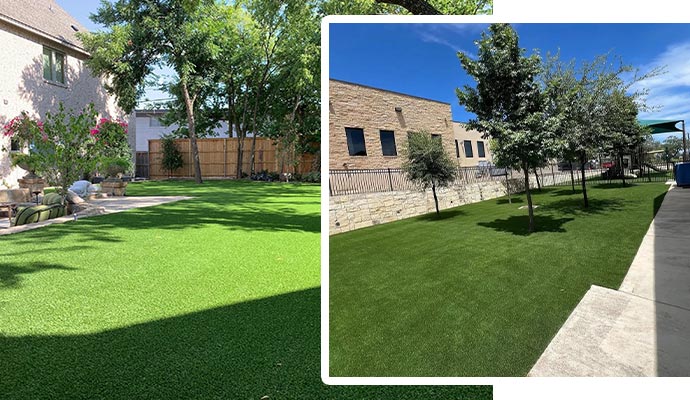 Collage showing artificial grass lawns in residential and commercial outdoor settings