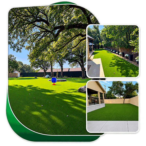 Collage of installed artificial turf in outdoor yards