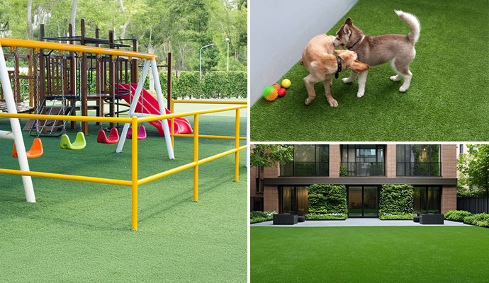 Commercial artificial turf options including a playground area, dog play zone and courtyard with artificial grass