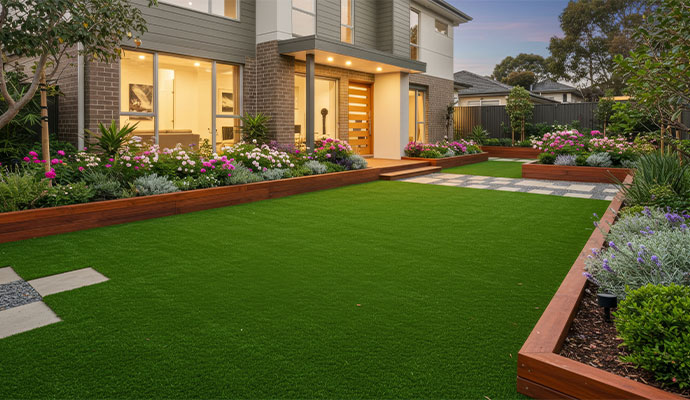 Modern front yard with artificial grass