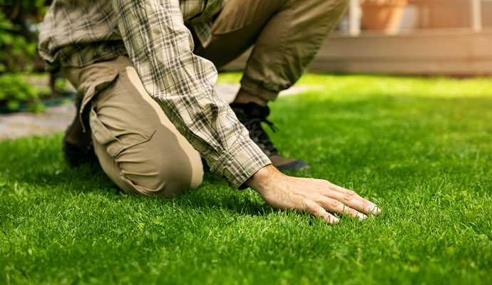 Person kneeling on a green lawn inspecting grass quality