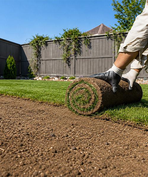 Expert installing an artificial grass lawn by unrolling turf in a backyard