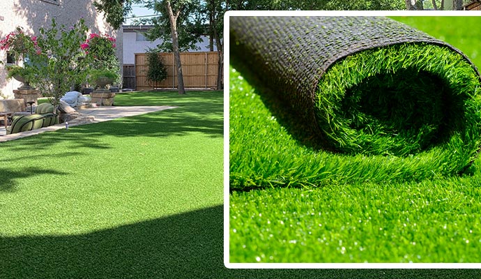 Artificial grass installed in a residential backyard and a close-up of a rolled turf piece ready for installation