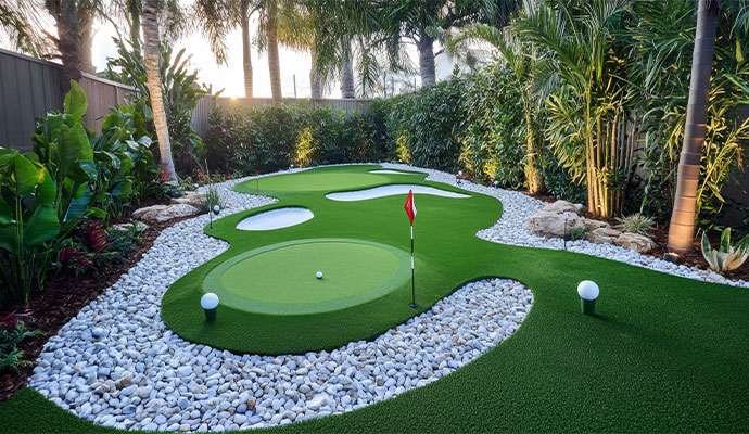 Backyard putting green with artificial golf turf and tropical landscaping